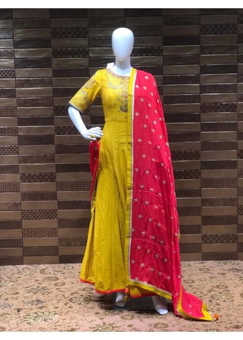 Matchless Mustard  Color Raw Silk New Designer Wedding Wear Anarkali Salwar Suit